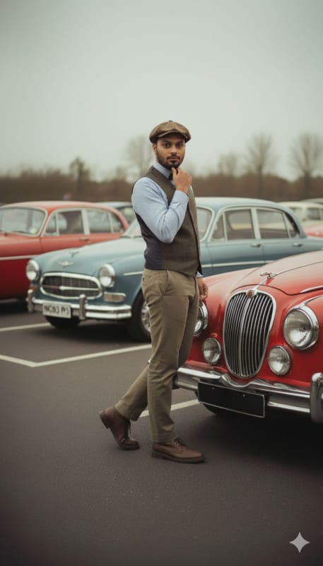 Vintage Car Portrait: Young Man in Classic Style thumbnail 3