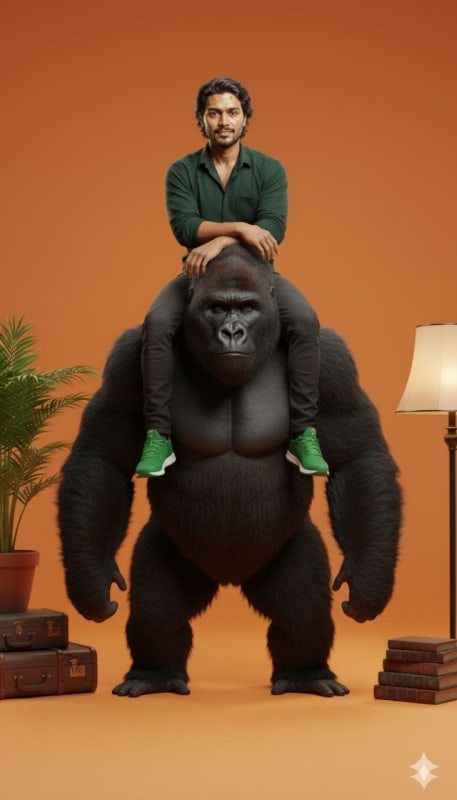 Man Carried by Gorilla in Orange Studio - view 1