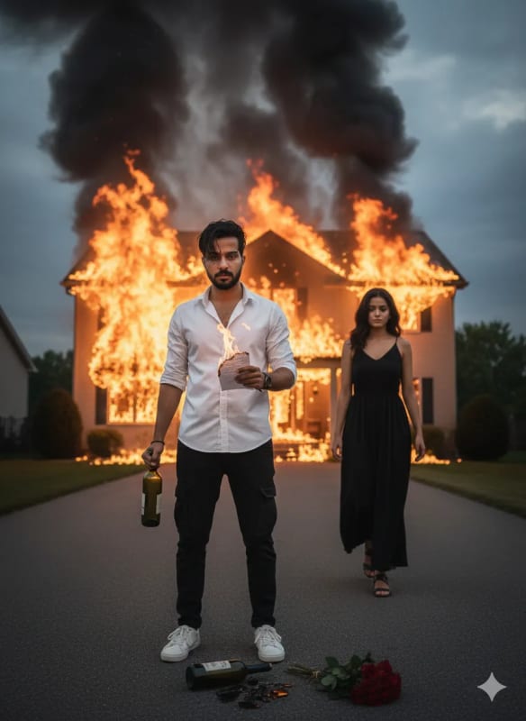Heartbreak Portrait: Man with Burning Letter in Front of Burning House thumbnail 2