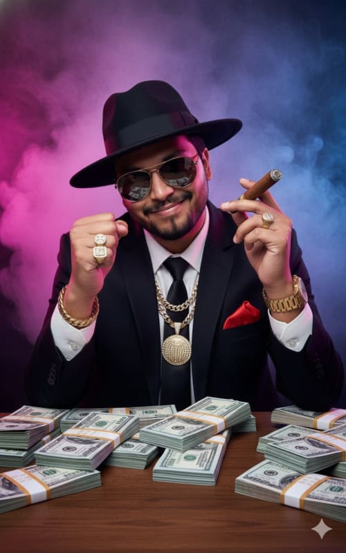 Luxurious Portrait of a Confident Man Amidst Wealth thumbnail 5