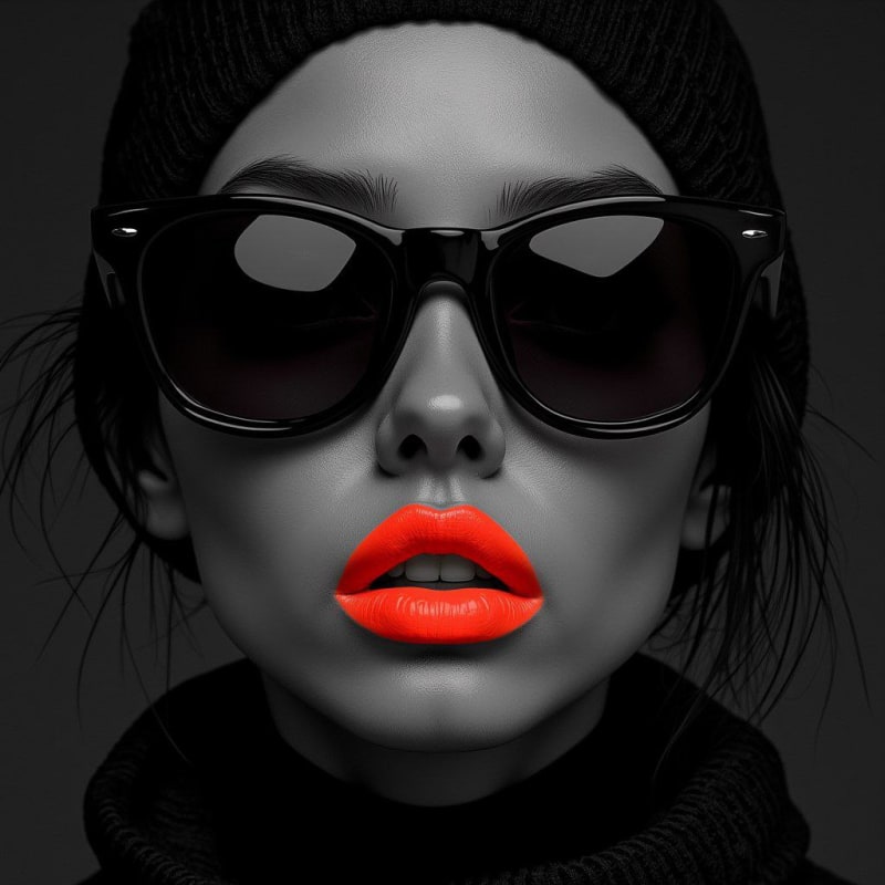 Monochrome Portrait with Scarlet Lips and Sunglasses - view 1