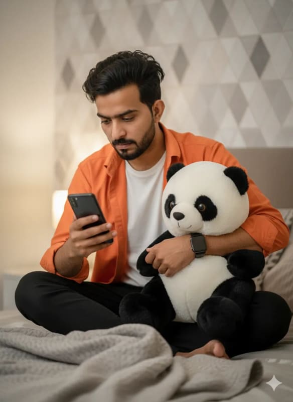 Cozy Indoor Portrait of Young Man with Panda and Smartphone thumbnail 2