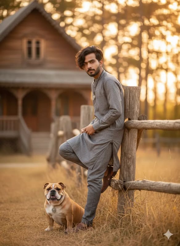 Confident Man in Golden Hour Sunlight Leaning on Rustic Wood thumbnail 2