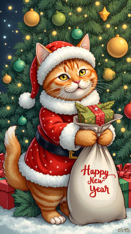 Festive Santa Cat Illustration: Whimsical Holiday Art - view 1