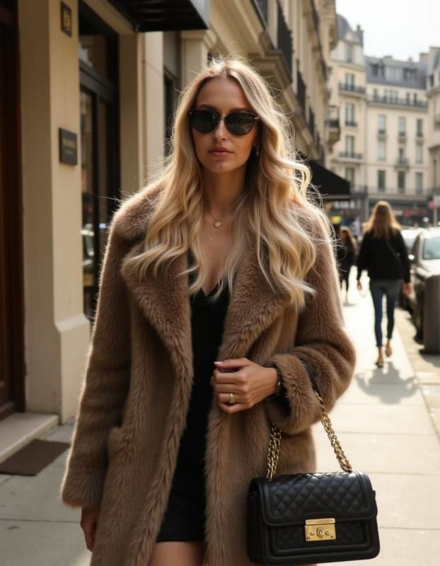 Elegant Parisian Street Style: Blonde Woman in Fur Coat thumbnail 2