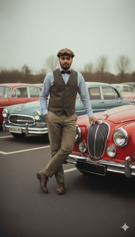 Vintage Car Portrait: Young Man in Classic Style thumbnail 4