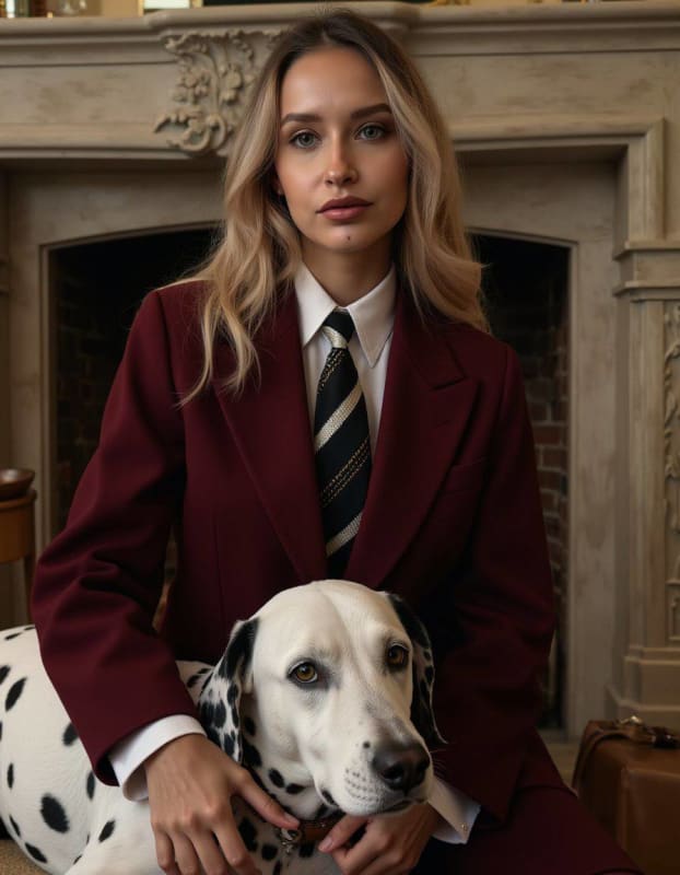 Burgundy Blazer Fashion Editorial with Dalmatian - view 1