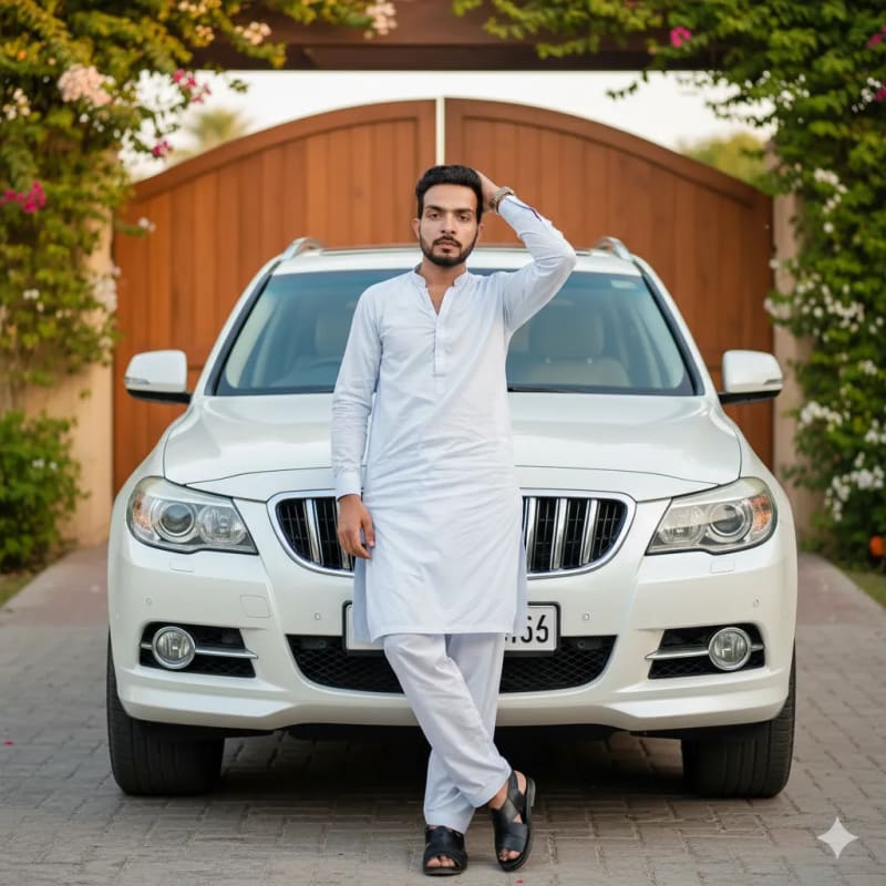 Stylish Man in White Kurta Posing with Luxury SUV - view 1