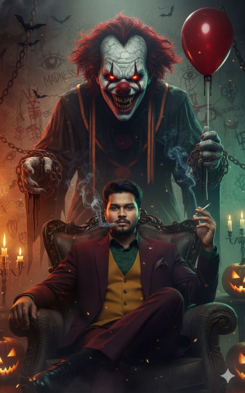 Cinematic Horror Portrait: Man and Clown Guardian in Halloween Chaos - view 1