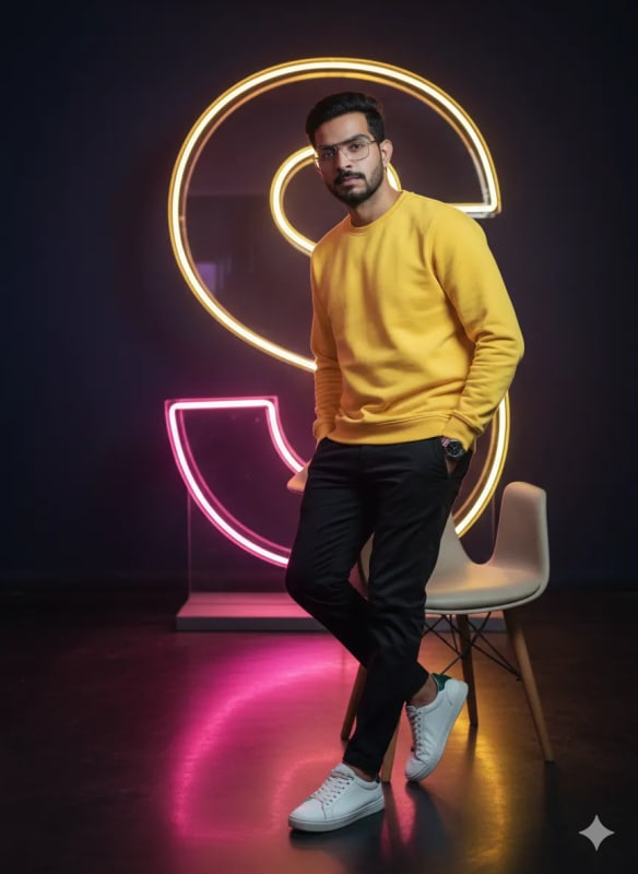 Confident Young Man in Yellow Sweatshirt with Neon 'S' Backdrop - view 1