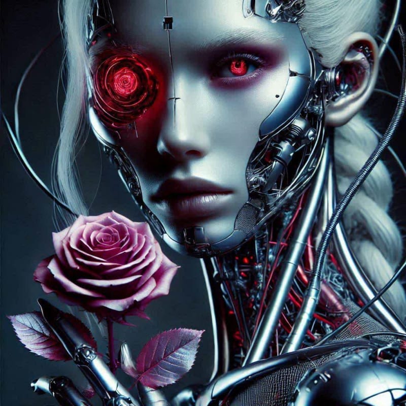 Cybernetic Fashion Model with Chrome Rose: 8K Double Exposure - view 1