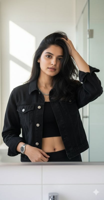 Casual Black Denim Jacket Mirror Selfie thumbnail 2