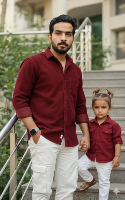 Realistic Portrait of a Young Man and Daughter on Silver Staircase - view 1