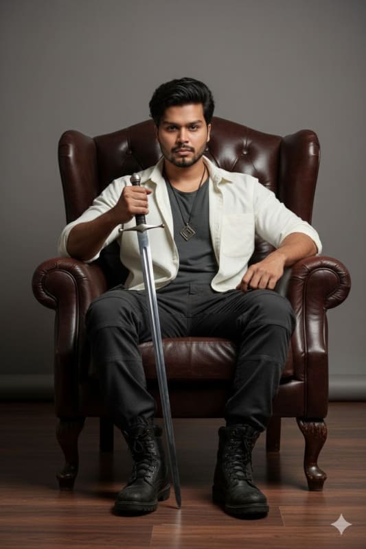 Confident South Asian Man Portrait with Sword in Armchair - view 1