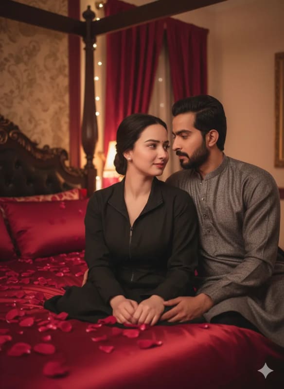 Romantic Couple in Luxurious Red Bedroom: 16K Glamour thumbnail 2