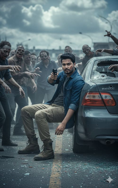 Action Scene: Young Indian Man in Post-Shootout Zombie Apocalypse thumbnail 2