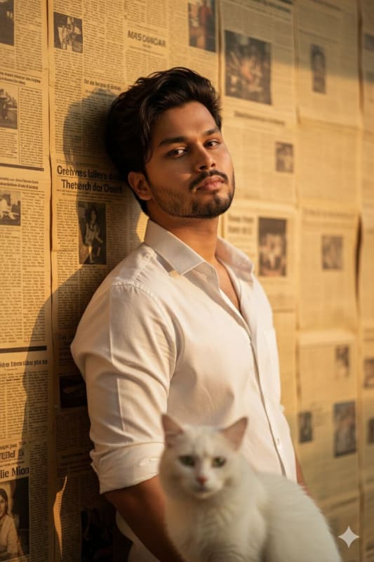 Vintage Film Portrait with Cat and Newspaper Background - view 1