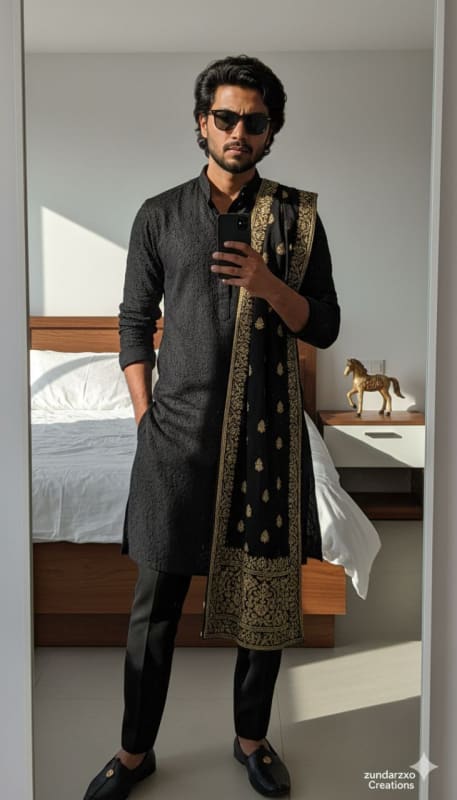 High-Fashion Black Kurta Mirror Selfie thumbnail 2