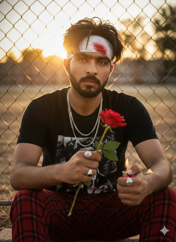 Stylish Boy with Rose in Golden Hour: AI Art Prompt - view 1