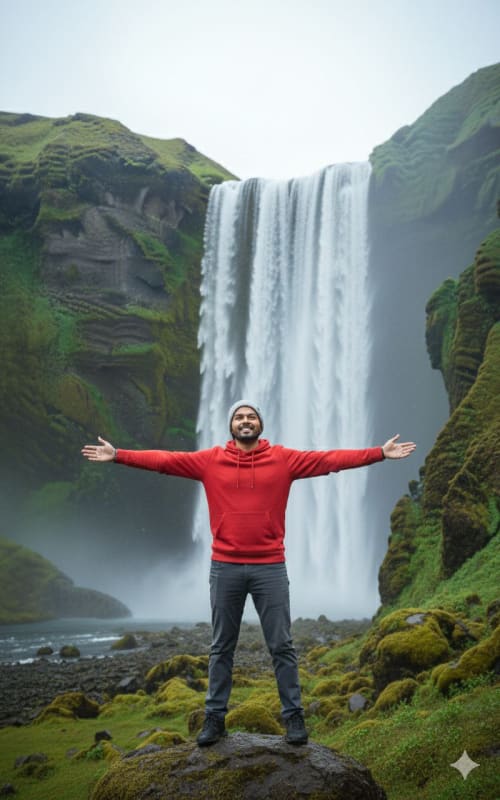 Man in Red Hoodie at Majestic Waterfall: High-Resolution Photography thumbnail 3
