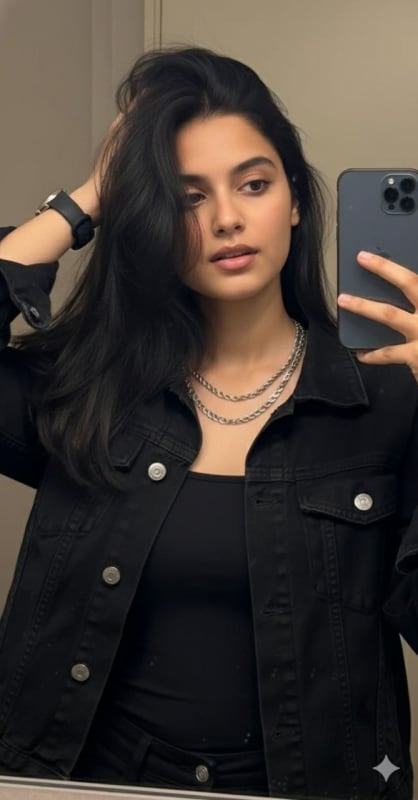 Casual Black Denim Jacket Mirror Selfie - view 1