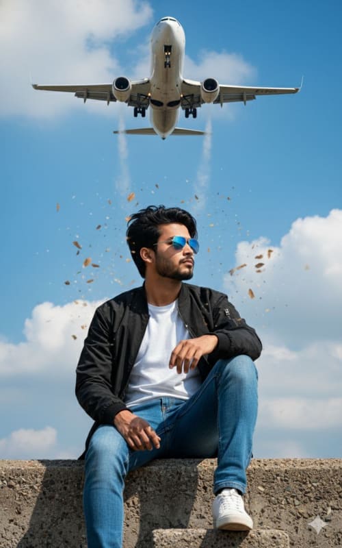 Dramatic Photo of Man Under Low-Flying Jet - view 1