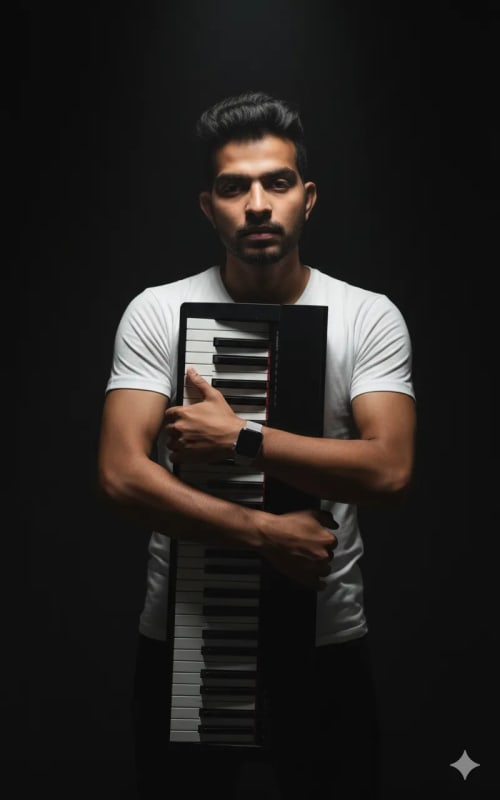 Dramatic Portrait of Musician with Digital Piano in Studio thumbnail 2