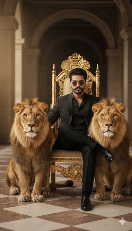 Modern King on Golden Throne with Lion - view 1