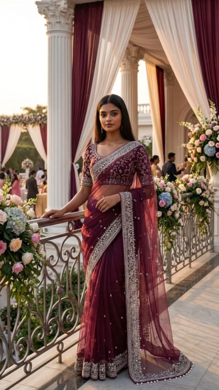 Elegant Woman in Wine Saree at Opulent Venue thumbnail 4