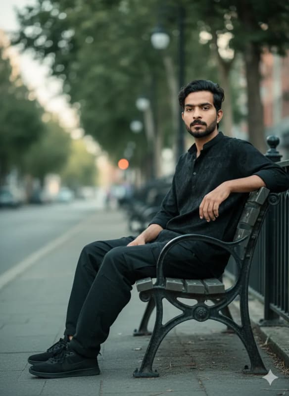 Stylish Urban Portrait: Man on Bench in City Street thumbnail 2