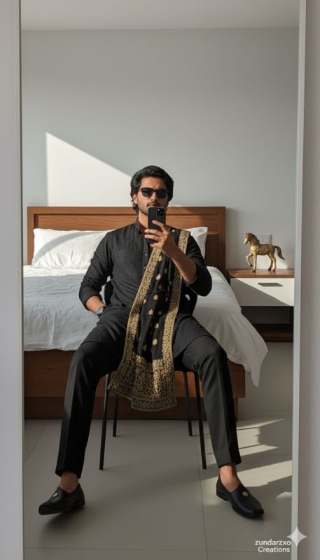 High-Fashion Black Kurta Mirror Selfie thumbnail 4