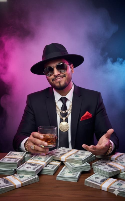 Luxurious Portrait of a Confident Man Amidst Wealth thumbnail 3