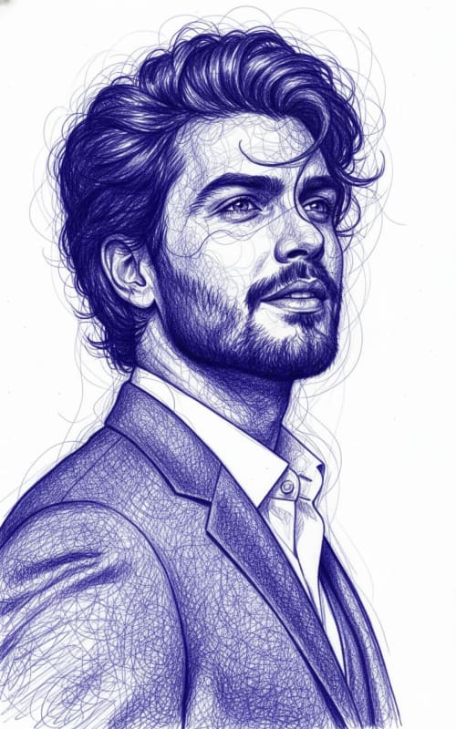 Monochromatic Blue Ballpoint Pen Portrait: Hyper-Detailed Art - view 1