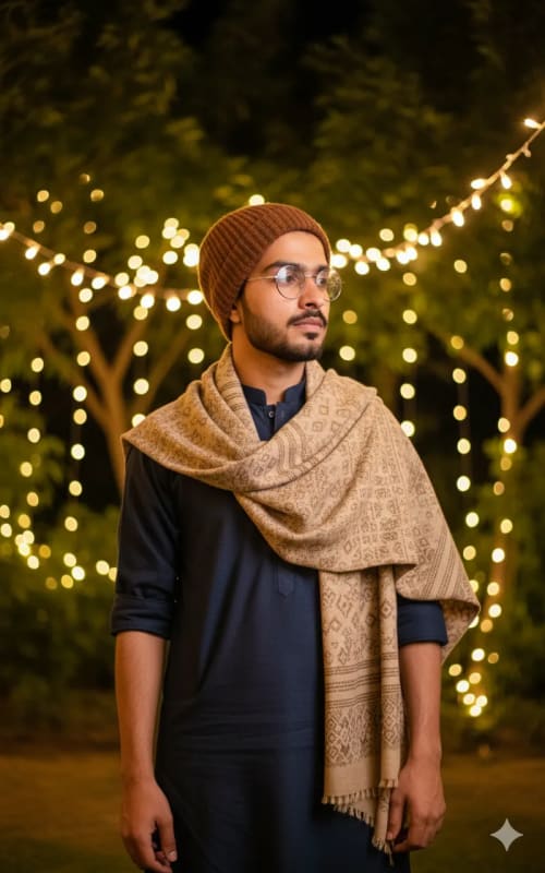 Stylish Young Man Portrait Under Warm String Lights thumbnail 3