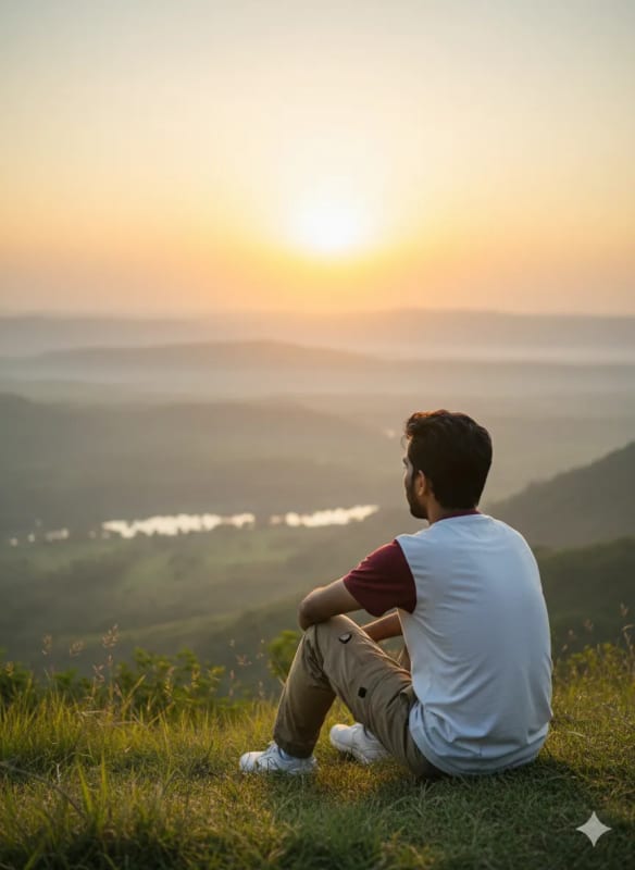 Scenic Portrait of a Man Overlooking Misty Valley at Sunset - view 1