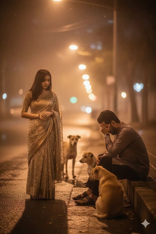 Emotional Street Scene: Woman, Man, and Stray Dogs at Night thumbnail 2