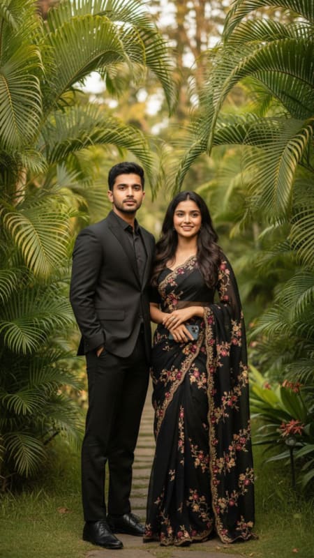 Elegant Couple in Black Formal Wear: Tropical Portrait - view 1