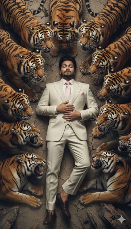 Surreal Fashion: Man in Suit Surrounded by Tigers - view 1