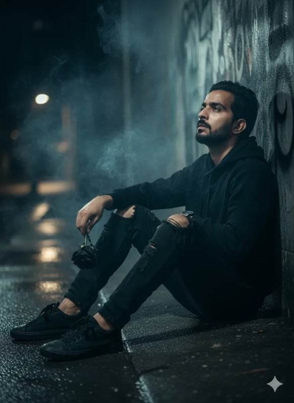 Sad Man with Black Rose in Urban Setting - view 1