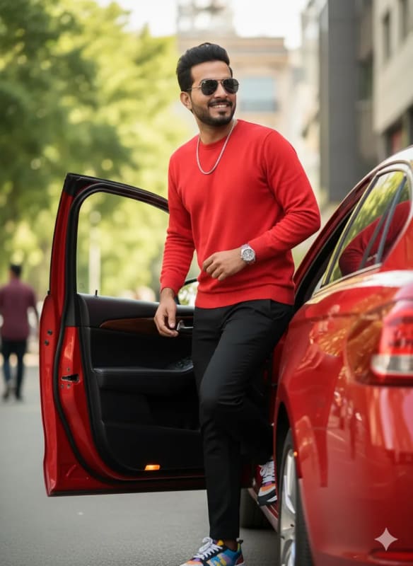 Stylish Man in Red Sweater Stepping Out of Car - Fashion Portrait thumbnail 3