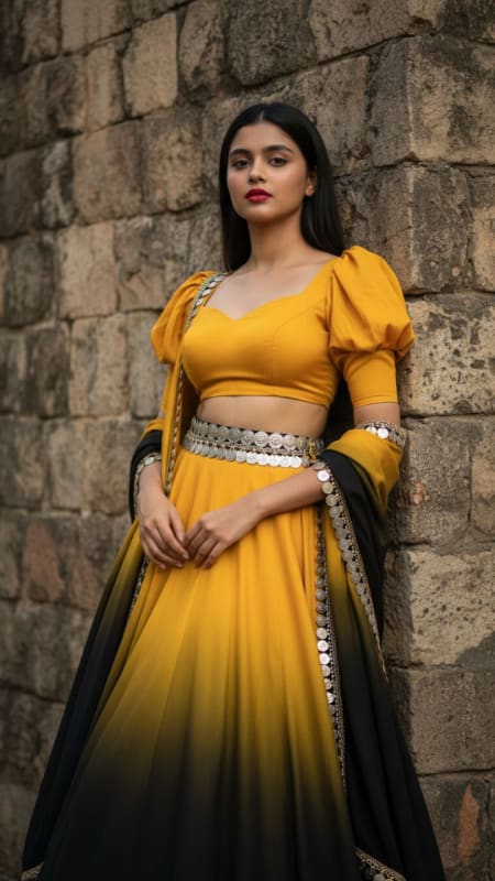 Vibrant Yellow-Black Ombre Lehenga Fusion Portrait thumbnail 2