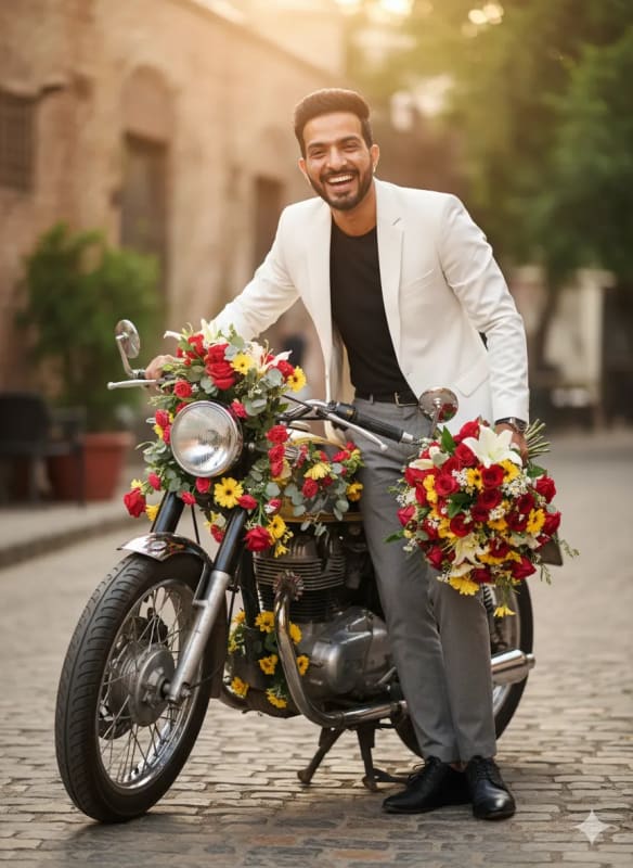 Stylish Man with Motorcycle and Flowers: Portrait Photography thumbnail 2