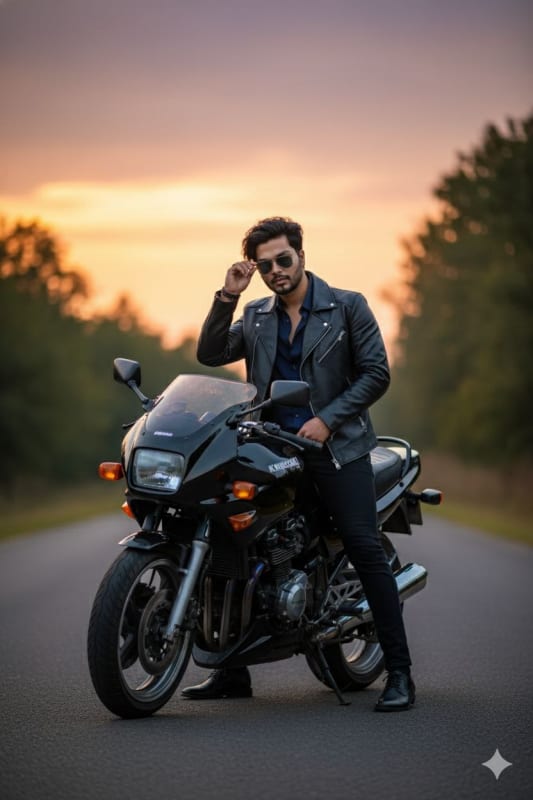 Indian Man on Motorcycle at Golden Hour: Hyper-Realistic Portrait thumbnail 3