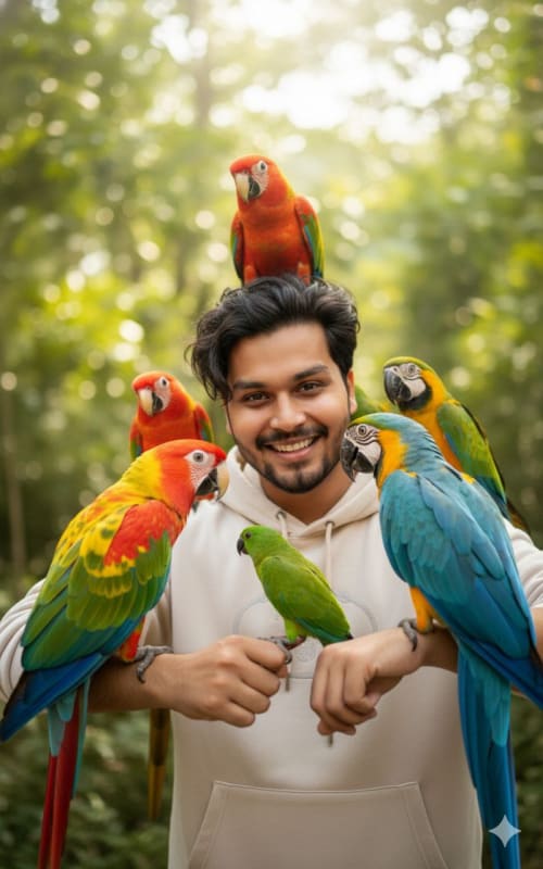 Bearded Man with Colorful Cockatoos: A Vibrant Portrait thumbnail 3