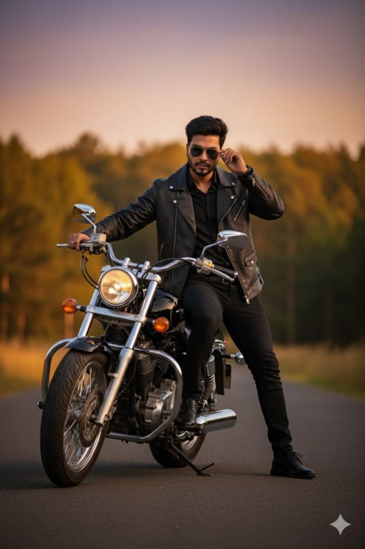 Indian Man on Motorcycle at Golden Hour: Hyper-Realistic Portrait - view 1