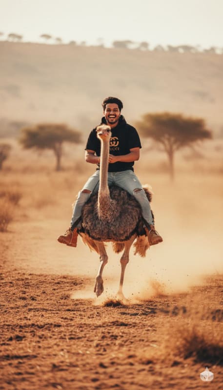 Joyful Ostrich Rider Cinematic Photo - view 1