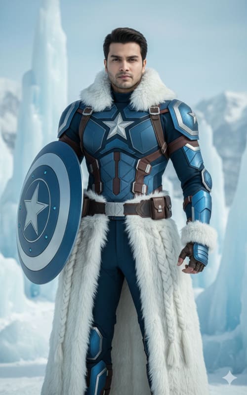 Hyperrealistic Armored Hero Portrait in Icy Landscape - view 1