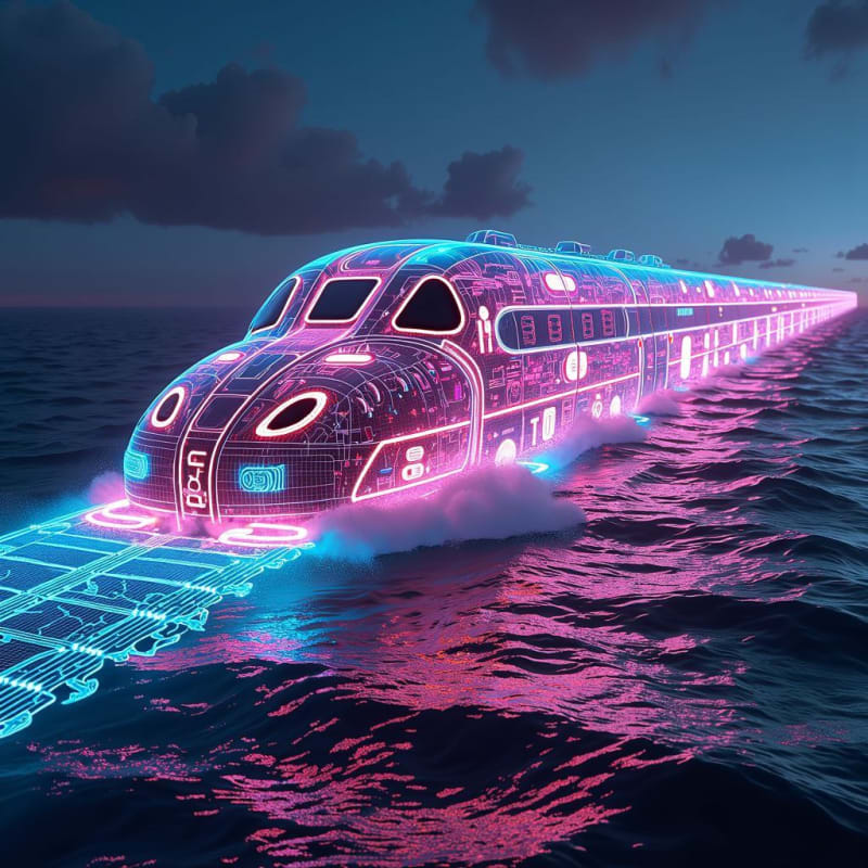 Futuristic Train Journey on Ocean Waves: X-Ray Fluorescent Art - view 1