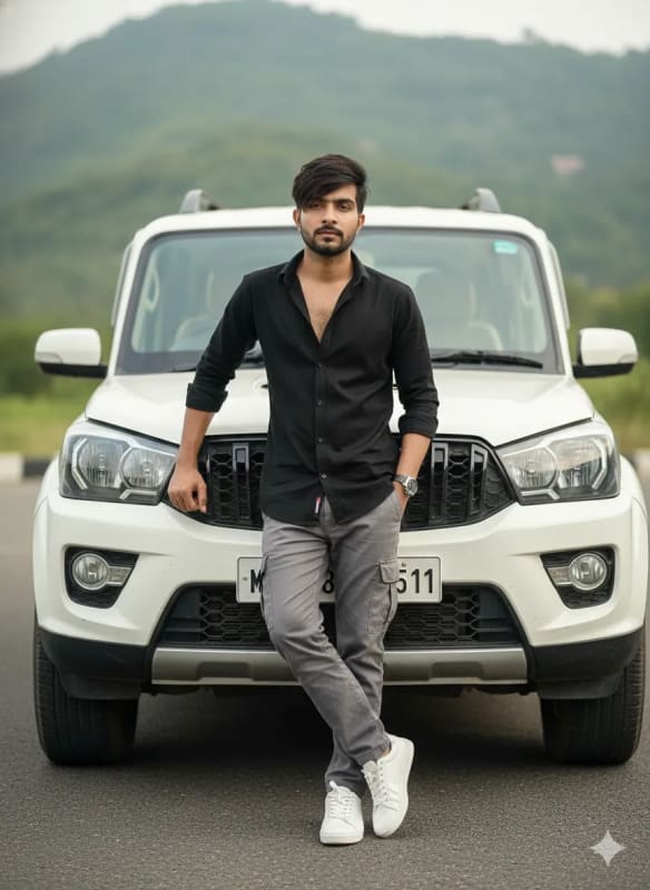 Confident Young Man Portrait with Scorpio SUV in Nature - view 1