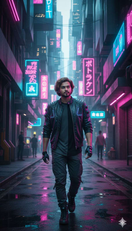 Stylish Cyberpunk Neon Alley Portrait - view 1